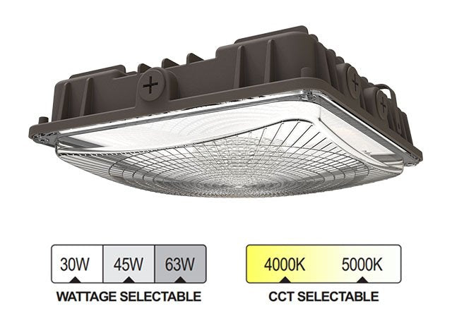 LED Canopy Light, Selectable 30W/45W/63W and CCT 4000K/5000K, 8,568 Lumens, 120-277 VAC