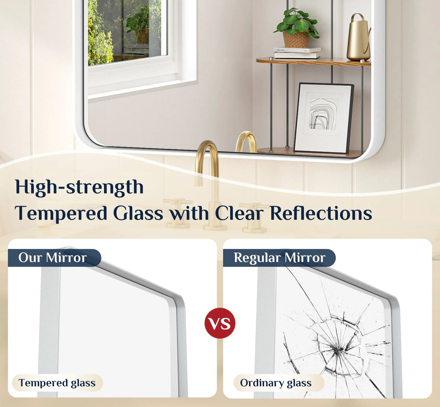 White Hard Corner Thin Frame Metal Mirror – Modern Rectangular Wall-Mounted Mirror with Shatterproof Copper-Free Glass