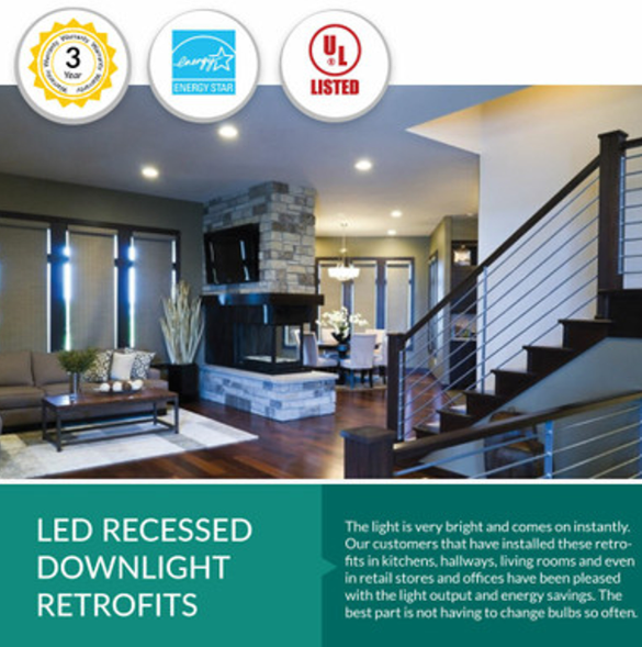 6 Inch LED Baffle Retrofit Downlight, 14W, Selectable CCT, 1,100 Lumens, 120 VAC