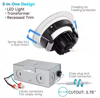 3 Inch  LED Recessed Light with Junction Box, Gimbal, 6W, Selectable CCT, 370 Lumens, 120 VAC