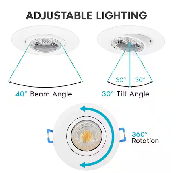 3 Inch  LED Recessed Light with Junction Box, Gimbal, 6W, Selectable CCT, 370 Lumens, 120 VAC