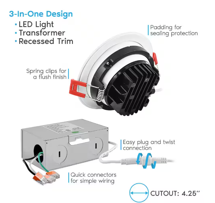4 Inch Recessed Downlight - Swivel, 9W, Selectable CCT, 540 Lumens, 120 VAC