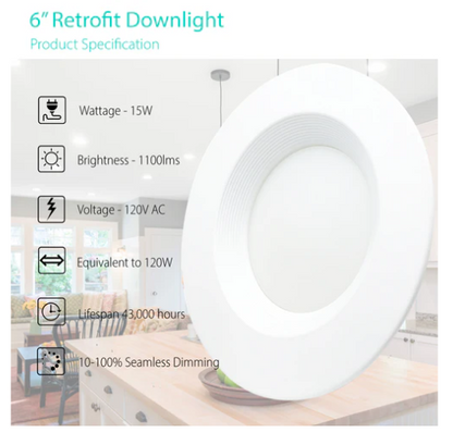 6 Inch LED Retrofit Downlight, 14W, Selectable CCT, 1,100 Lumens, 120 VAC