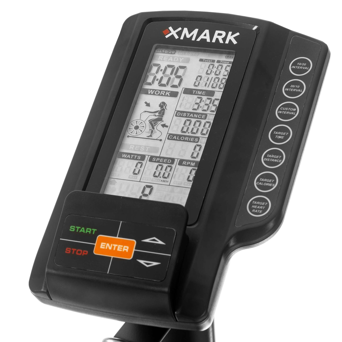 Display console of the XMark air bike showing workout metrics like time, distance, and calories.