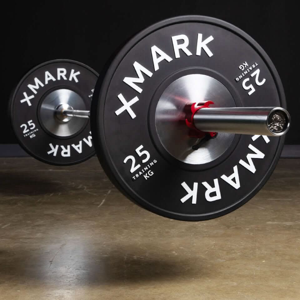 Catahoula IWF Men's training bar with black weights, featuring 25 kg markings, gliding smoothly for powerlifting.