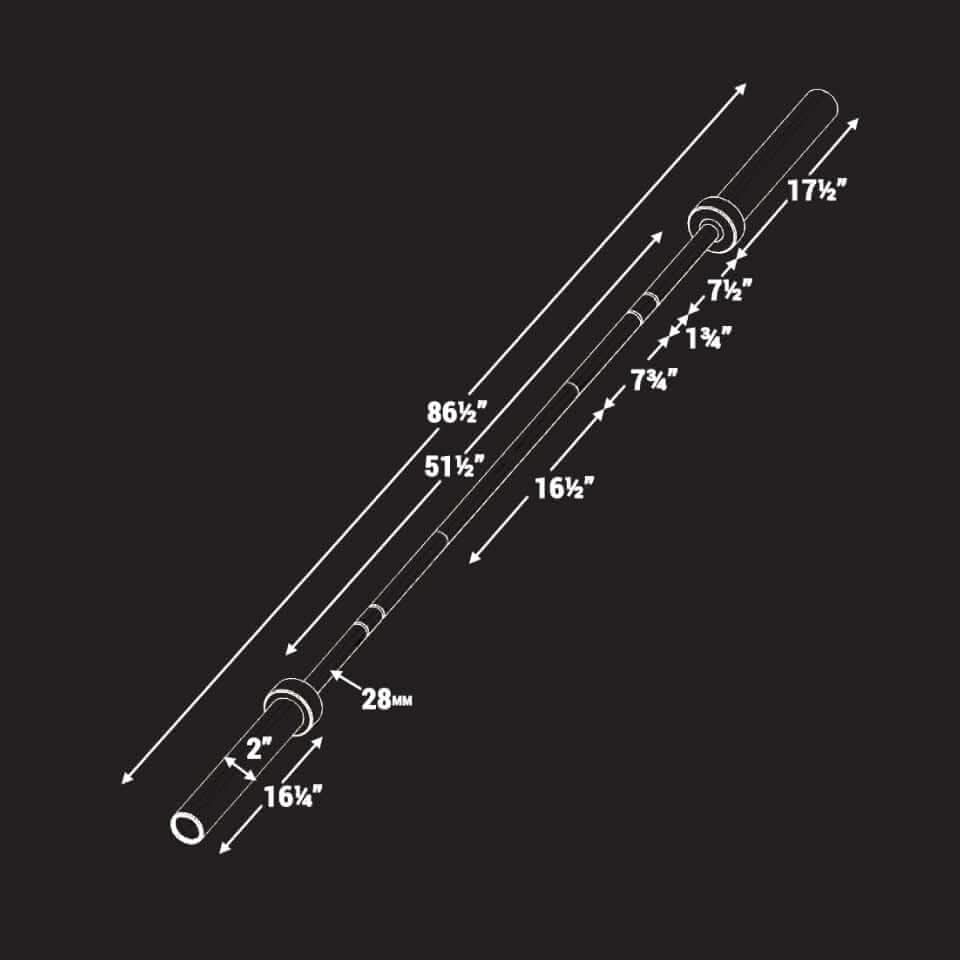 Illustration showing dimensions of Catahoula IWF Men’s Training Bar with key measurements in inches and grip size.