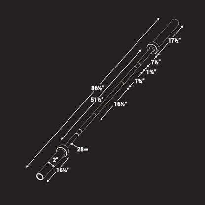 Illustration showing dimensions of Catahoula IWF Men’s Training Bar with key measurements in inches and grip size.