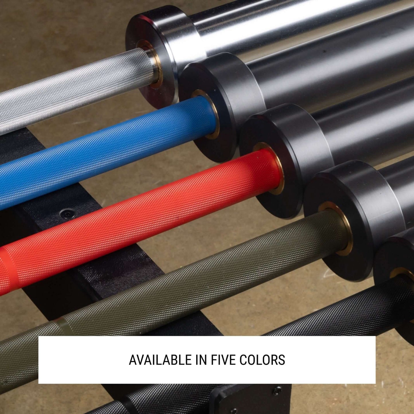 Catahoula IWF Men’s Training Bars in five colors: silver, blue, red, black, and green with a focus on knurling.