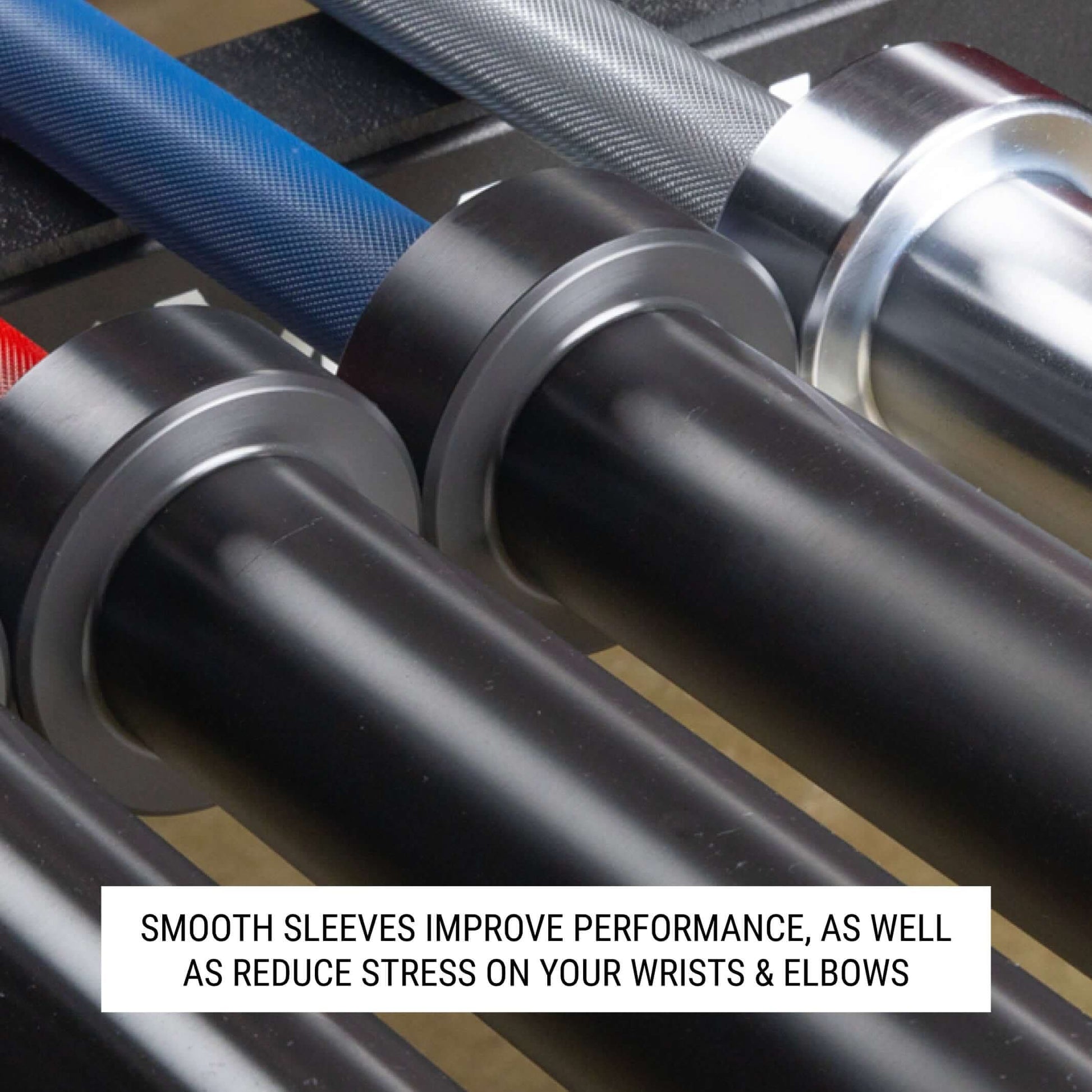 Close-up of training bar sleeves designed for improved performance and reduced wrist and elbow stress.