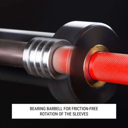 Close-up of Catahoula IWF men’s training bar showing bearing design for friction-free sleeve rotation.