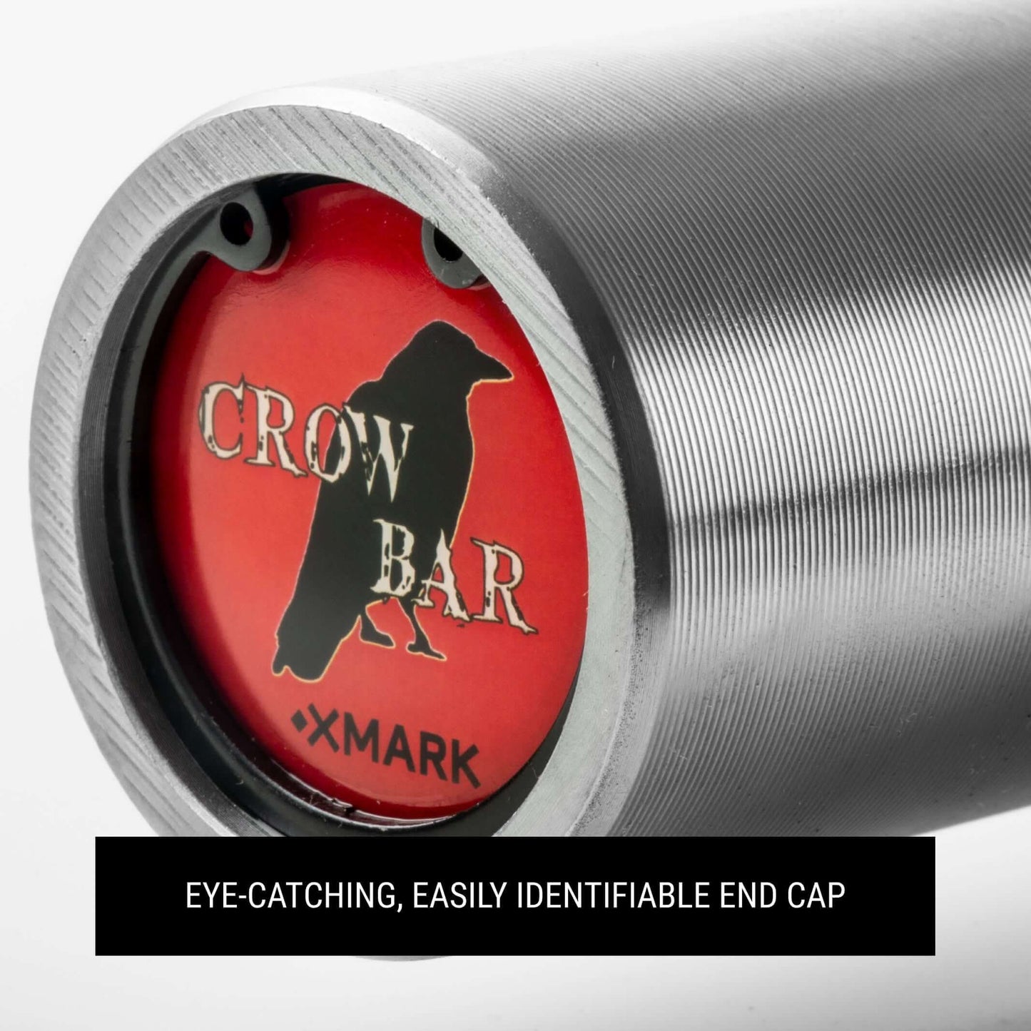 Close-up of CROWBAR EZ Curl Barbell end cap showcasing its distinctive design and branding.