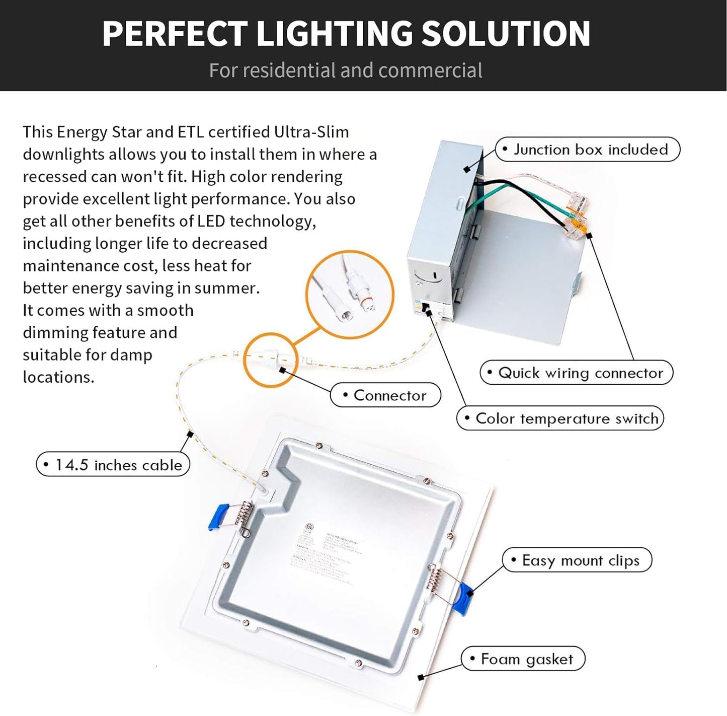 8 Inch Square LED Downlight, 18W, Selectable CCT, 1500 Lumens, 120 VAC