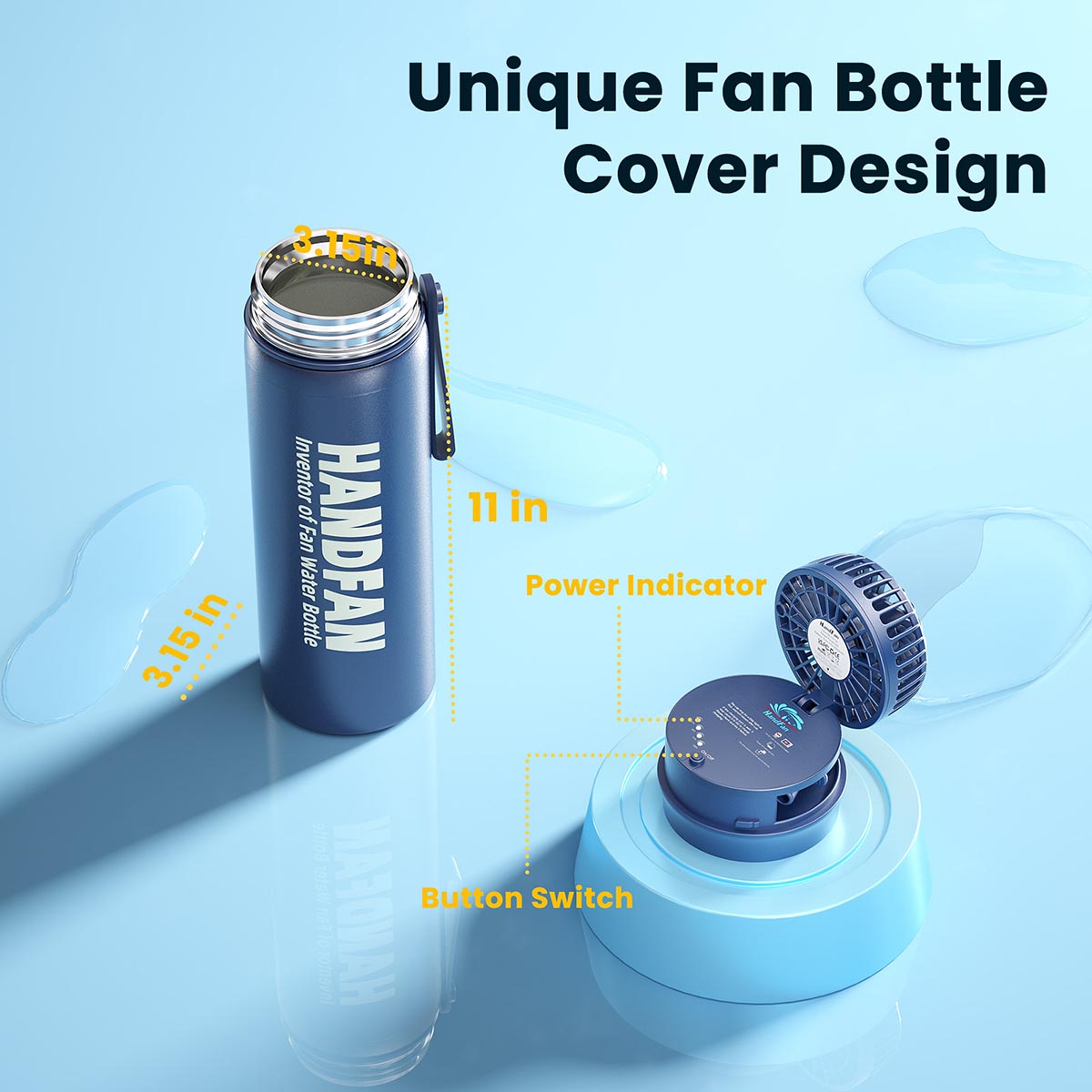 Yescom Stainless Steel Water Bottle with Fan Keeps Water Cold for 24hours