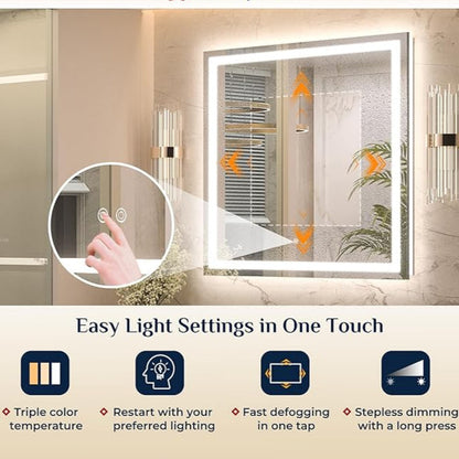 LED Bathroom Mirror – Front Lighting 36x24 Inches, 10W, 750 Lumens – Single Light Strip - Dimmable - Anti-Fog