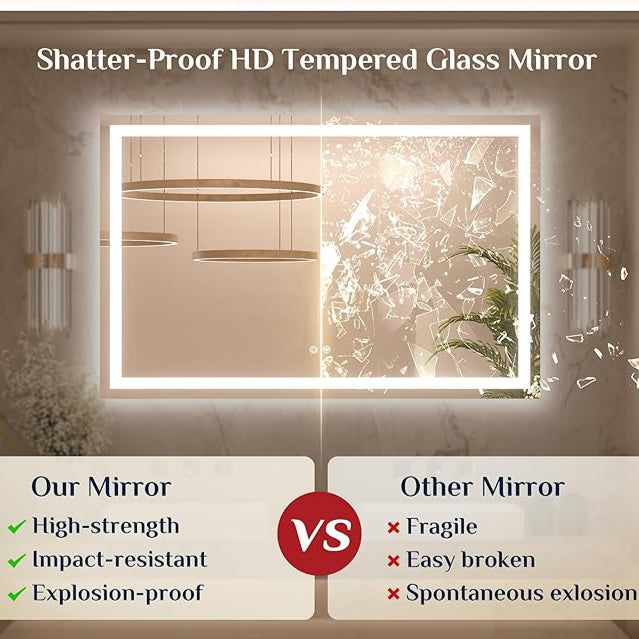 LED Bathroom Mirror – Front Lighting 36x24 Inches, 25W, 875 Lumens – Single Light Strip - Dimmable - Anti-Fog