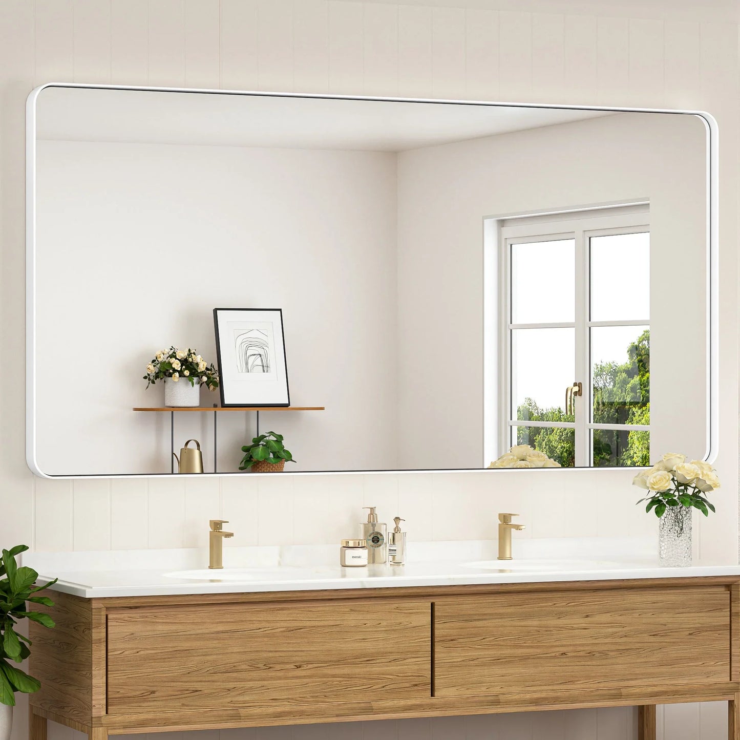 White Hard Corner Thin Frame Metal Mirror – Modern Wall-Mounted Bathroom - Bedroom - and Entryway Mirror