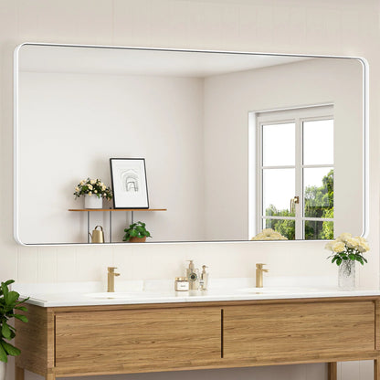 White Hard Corner Thin Frame Metal Mirror – Modern Wall-Mounted Bathroom - Bedroom - and Entryway Mirror