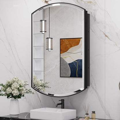 24x36 Inch Arched Black Medicine Cabinet – Wall Mounted or Recessed Bathroom Mirror