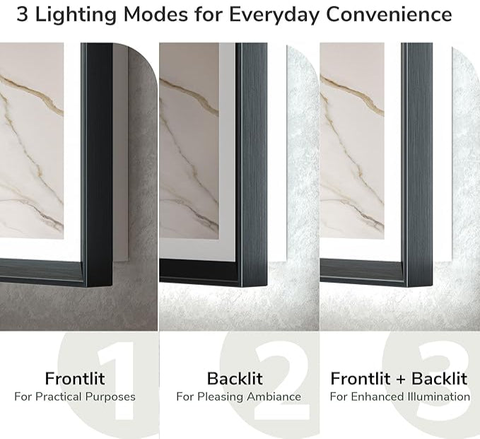 40x30 Black Frontlit LED Bathroom Mirror with 3 CCT – Dimmable - Anti-Fog - Metal Frame