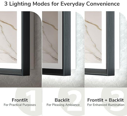 40x30 Black Frontlit LED Bathroom Mirror with 3 CCT – Dimmable - Anti-Fog - Metal Frame