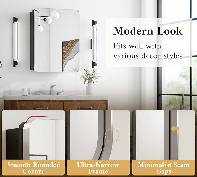 Chrome Medicine Cabinet with Mirror – 24"x32" Stainless Steel Frame - Wall Mounted or Recessed Installation - HD Shatterproof Glass