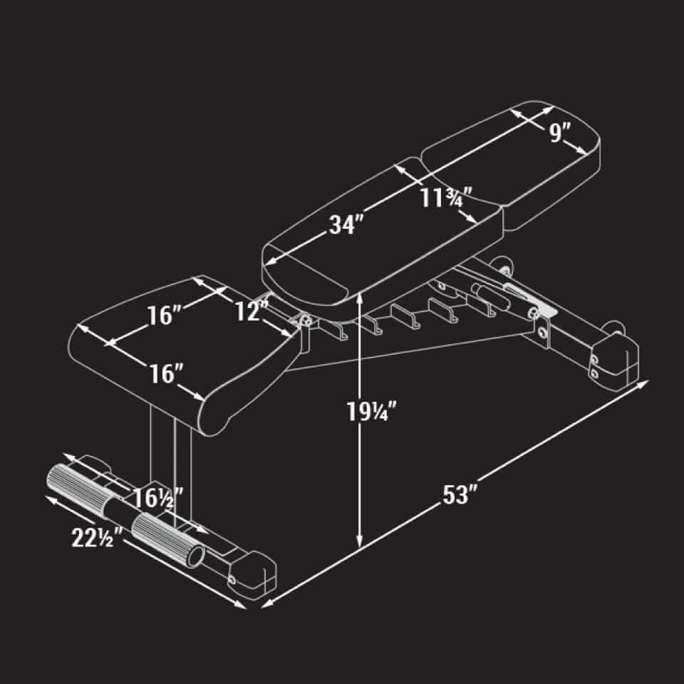 Diagram of Ox Series Adjustable Weight Bench dimensions and features for versatile workouts.