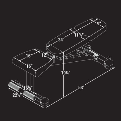 Diagram of Ox Series Adjustable Weight Bench dimensions and features for versatile workouts.