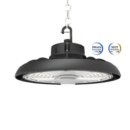 LED UFO High Bay Light, Selectable 240W/200W/150W and CCT, 36,000 Lumens, 120-277 VAC, Audio Jack Sensor Base