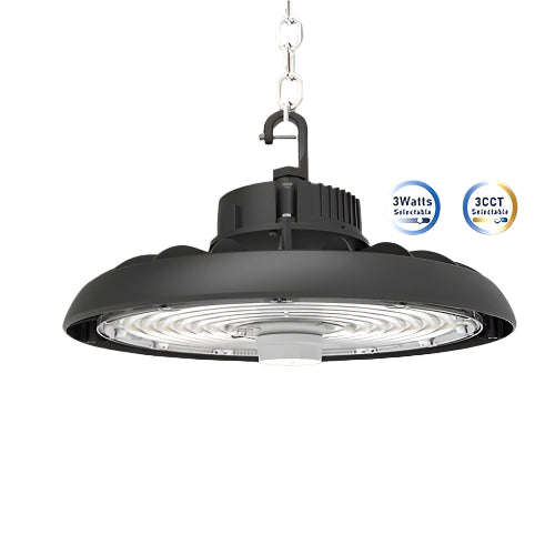 LED UFO High Bay Light, Selectable 240W/200W/150W and CCT, 36,000 Lumens, 120-277 VAC, Haisen 3-Pin Sensor Base