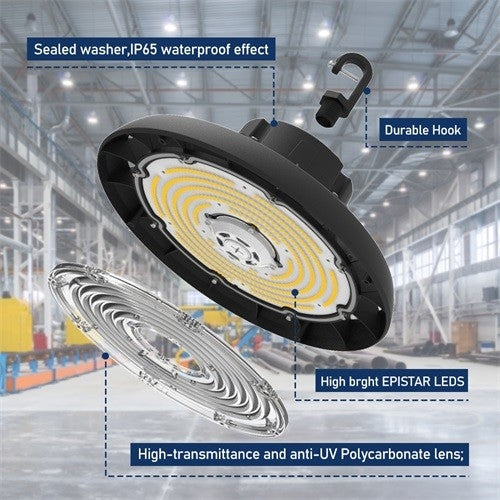 LED UFO High Bay Light, Selectable 240W/200W/150W and CCT, 36,000 Lumens, 120-277 VAC, Haisen 3-Pin Sensor Base