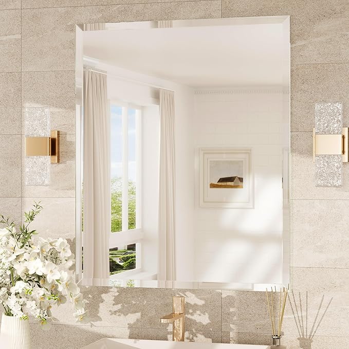 Frameless Beveled Bathroom Mirror 22x30 Inch – Wall Mounted Decorative Vanity Mirror