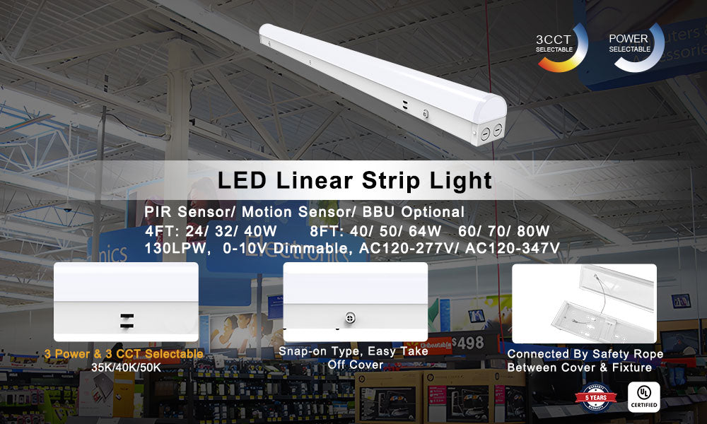 4FT LED Linear Strip Light Fixture, Selectable 24W/32W/40W and CCT 3500/4000/5000K, 5,200 Lumens