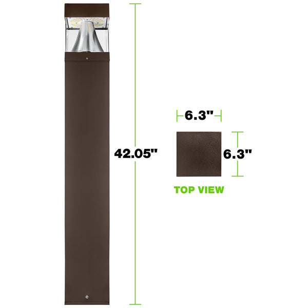 Square Pole LED Bollard Light, Selectable 24W/19W/14W and CCT, 3,360 Lumens, 120-277 VAC