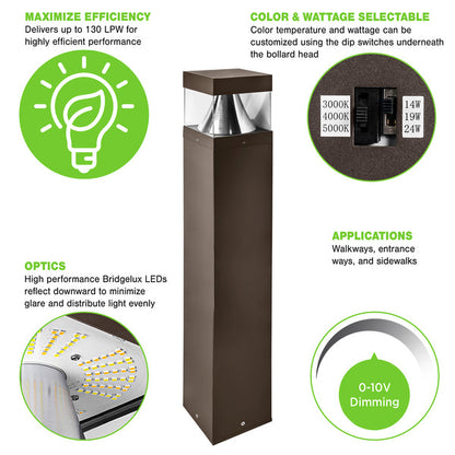 Square Pole LED Bollard Light, Selectable 24W/19W/14W and CCT, 3,360 Lumens, 120-277 VAC