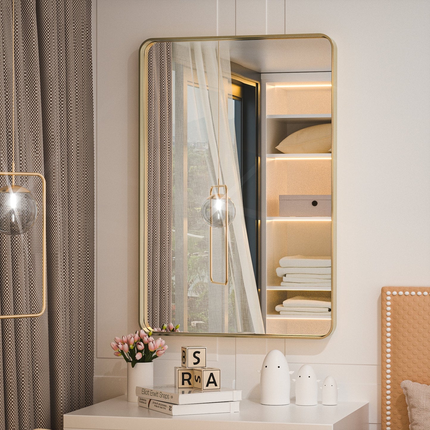 Gold Round Corner Metal Frame Mirror – Rectangular Wall Mirror with Shatterproof Glass - Vertical or Horizontal Mount – Modern Luxury Accent