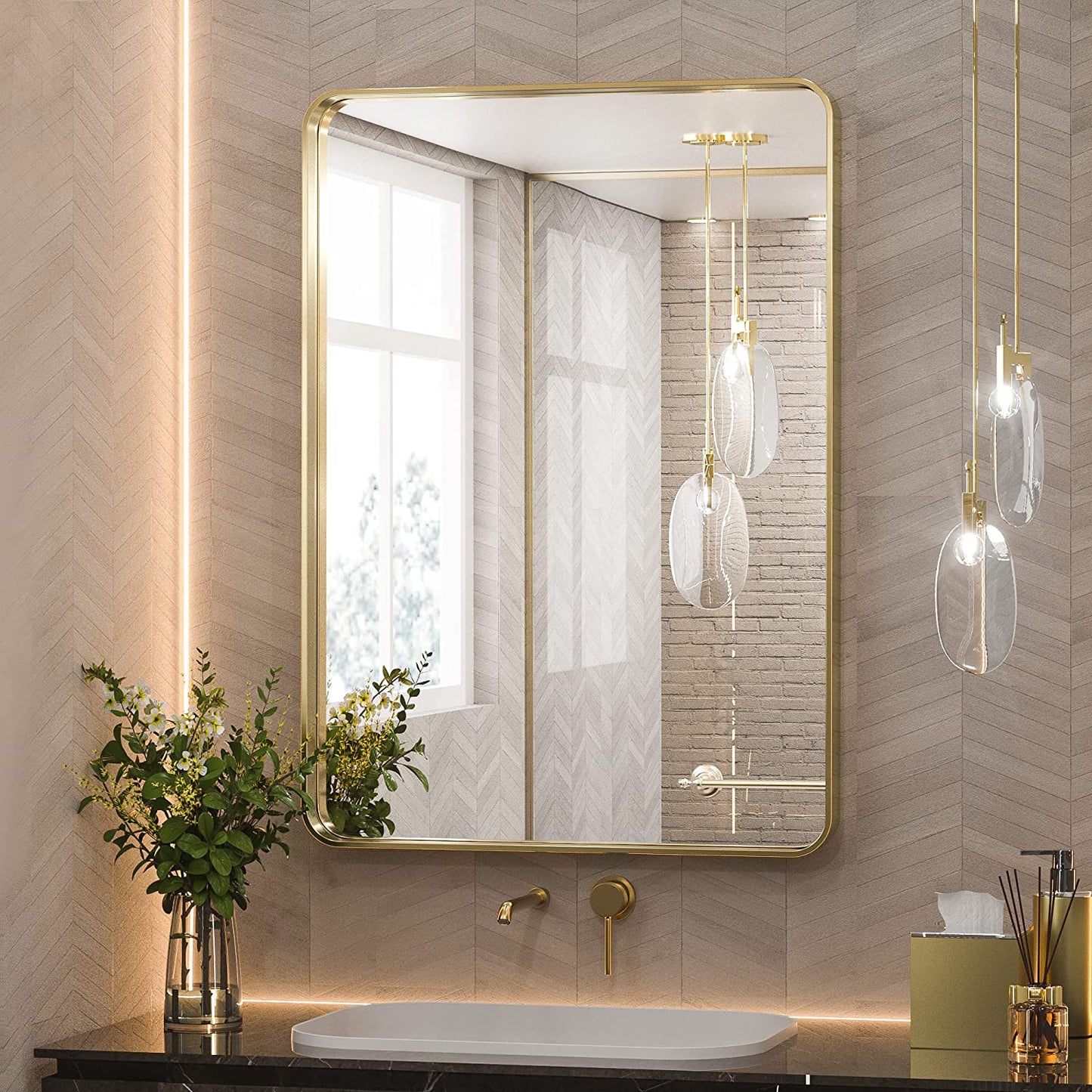 Gold Round Corner Metal Frame Mirror – Rectangular Wall Mirror with Shatterproof Glass - Vertical or Horizontal Mount – Modern Luxury Accent