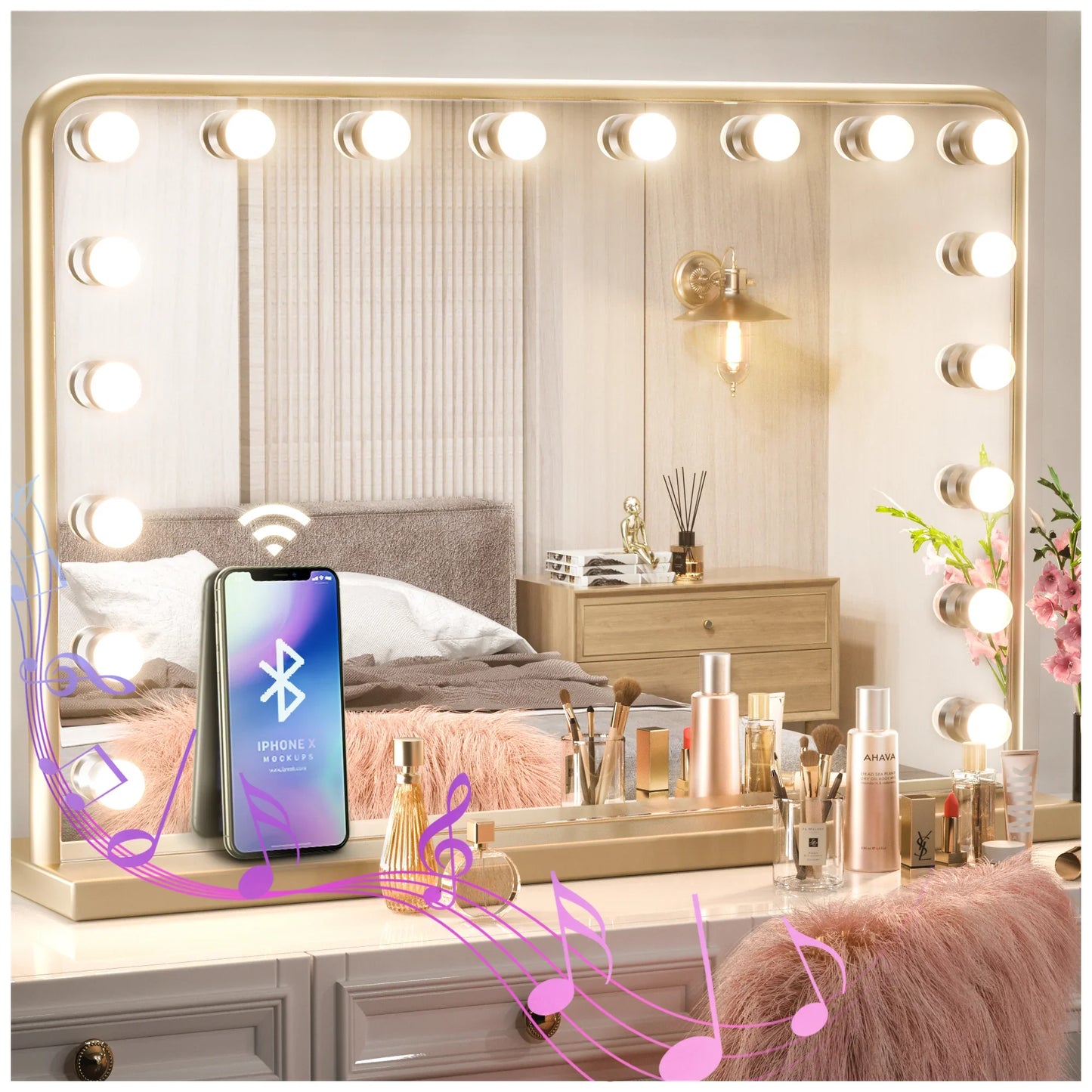 18x23 Inch Hollywood Lighted Makeup Mirror with 3-Color Dimmable LED Bulbs – Gold Vanity Mirror for Beauty and Glam Room
