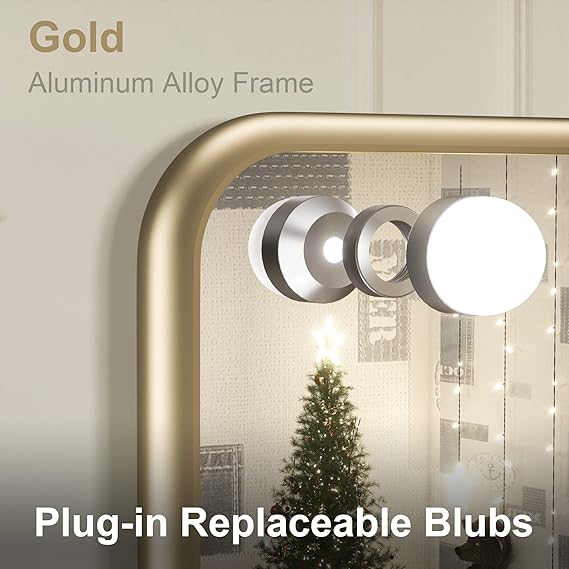 18x23 Inch Hollywood Lighted Makeup Mirror with 3-Color Dimmable LED Bulbs – Gold Vanity Mirror for Beauty and Glam Room