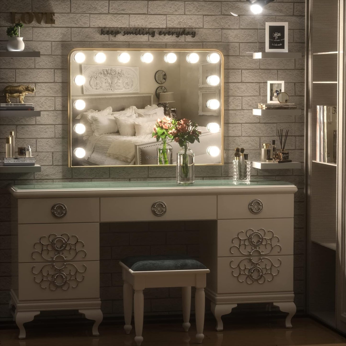 18x23 Inch Hollywood Lighted Makeup Mirror with 3-Color Dimmable LED Bulbs – Gold Vanity Mirror for Beauty and Glam Room