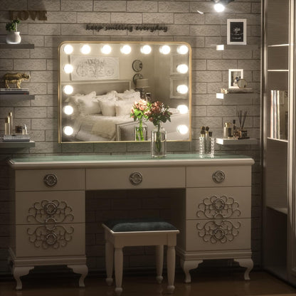 18x23 Inch Hollywood Lighted Makeup Mirror with 3-Color Dimmable LED Bulbs – Gold Vanity Mirror for Beauty and Glam Room
