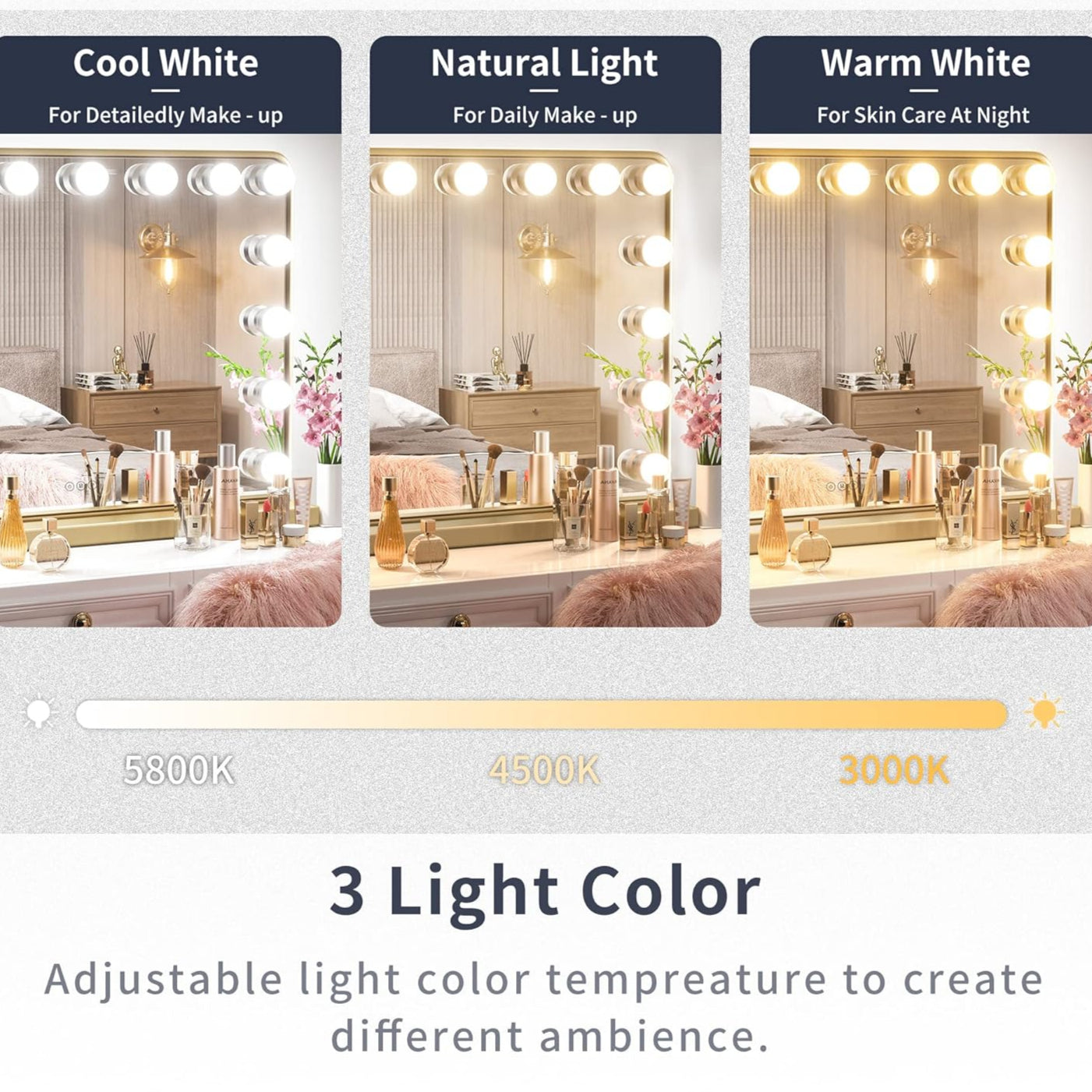 18x23 Inch Hollywood Lighted Makeup Mirror with 3-Color Dimmable LED Bulbs – Gold Vanity Mirror for Beauty and Glam Room