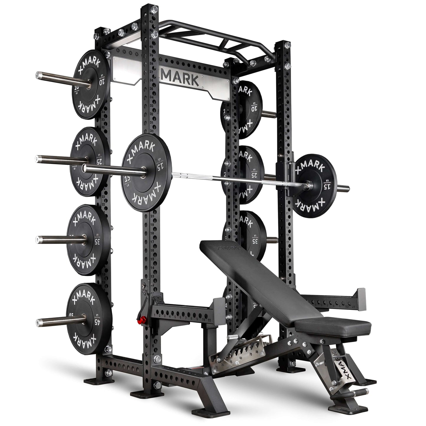 Viper Half Power Rack Package with adjustable bench and bumper plate storage for versatile workouts.