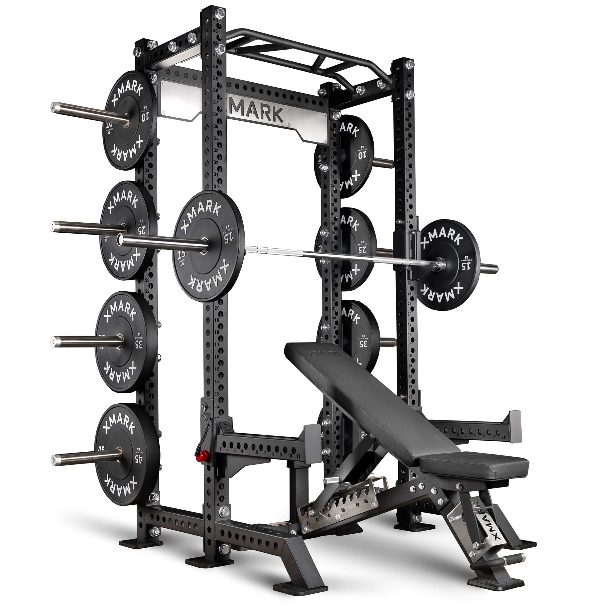 Viper Half Power Rack Package with adjustable bench and bumper plate storage for versatile workouts.