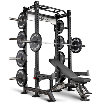 Viper Half Power Rack Package with adjustable bench and bumper plate storage for versatile workouts.