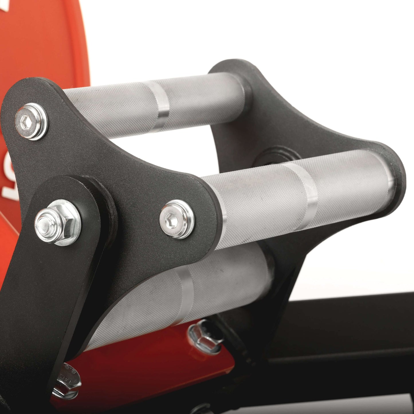 Close-up of the rotating tri-grip handles on a commercial open trap bar, highlighting the ergonomic grip design.