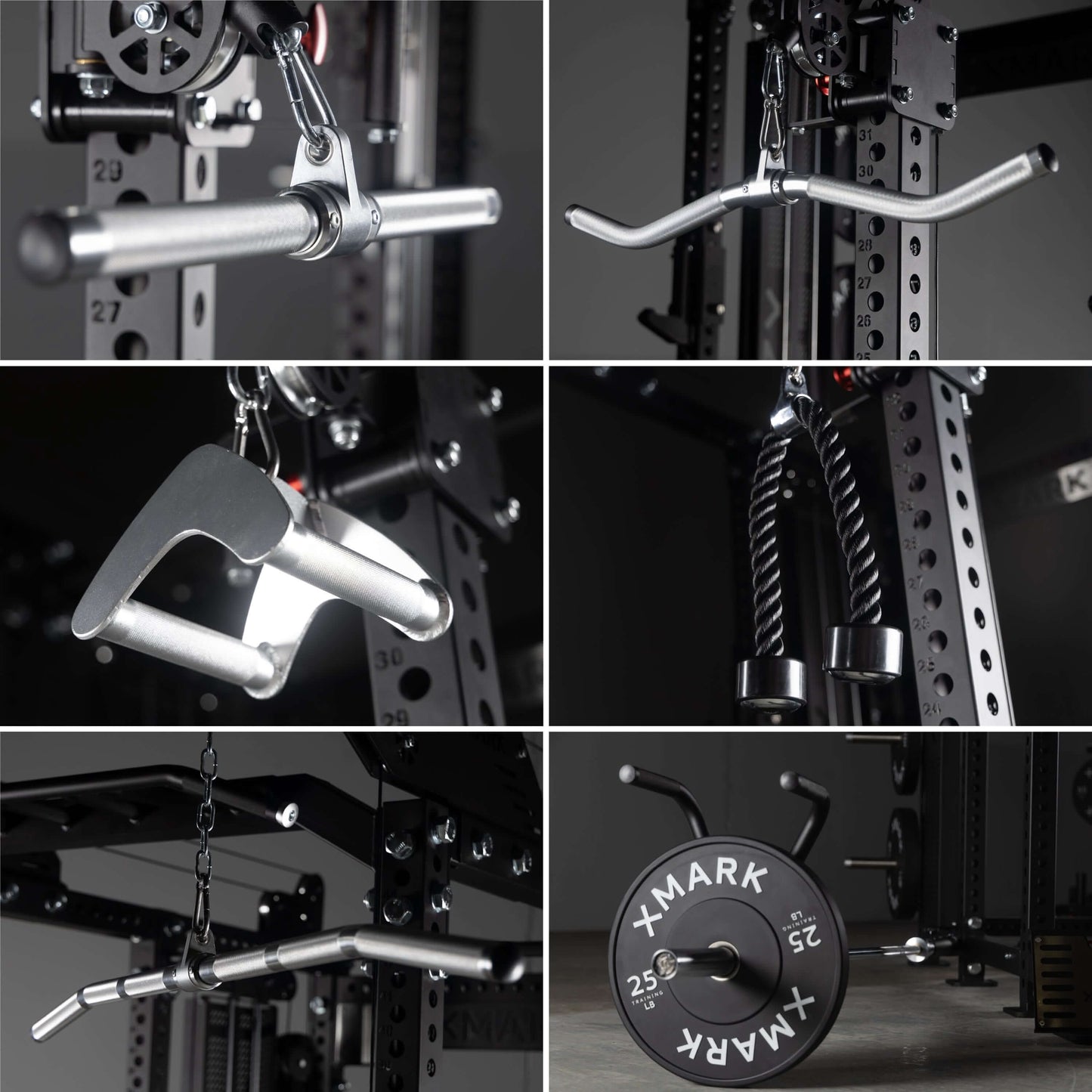 Image showing various workout attachments for a commercial power rack cable machine, including bars and grips.