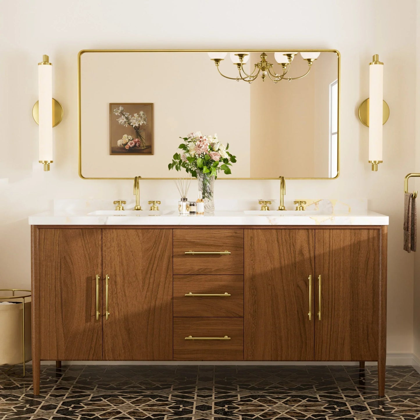 Gold Hard Corner Thin Frame Metal Mirror – Modern Wall-Mounted Bathroom - Bedroom - and Entryway Mirror