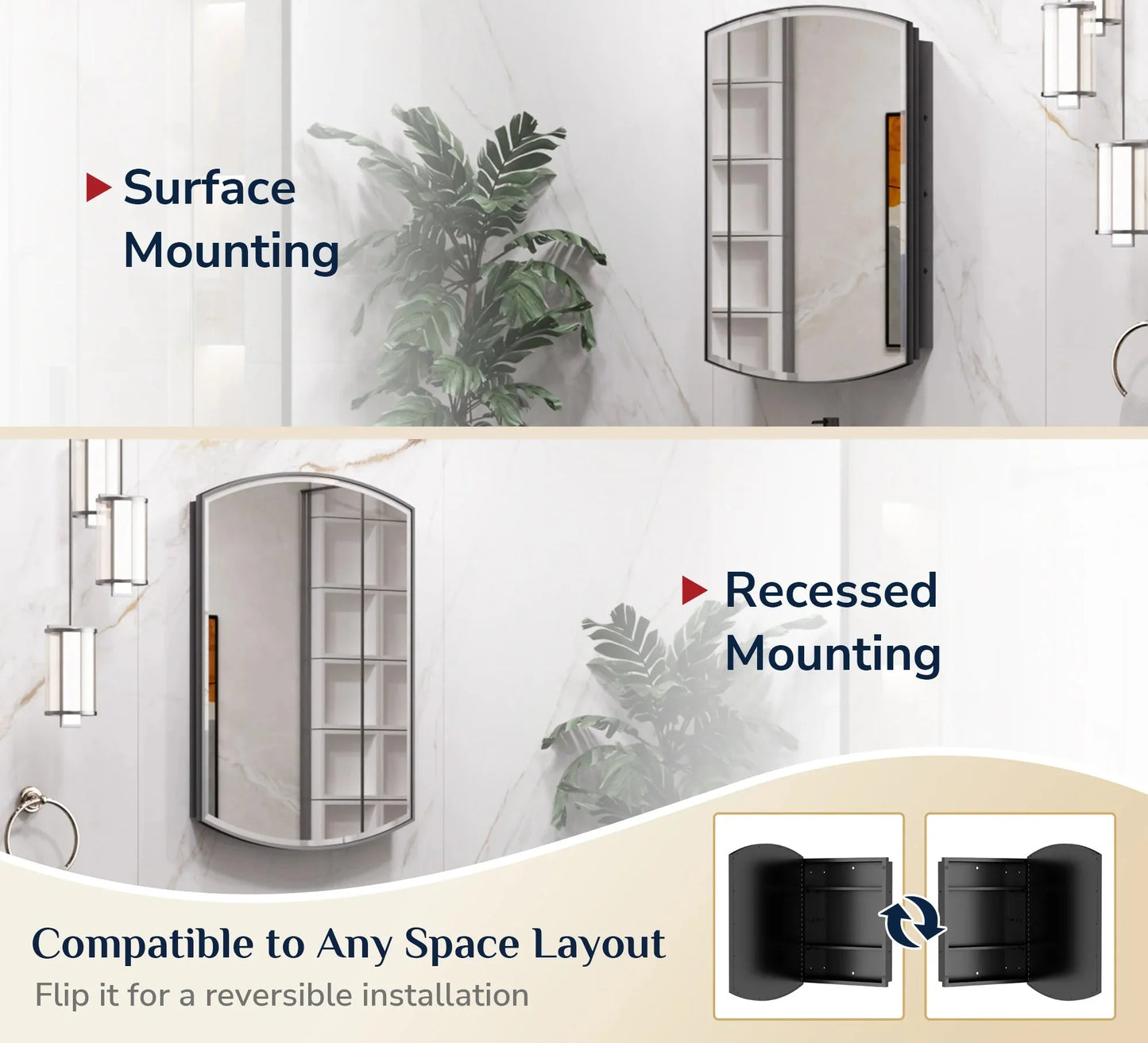 24x36 Inch Arched Black Medicine Cabinet – Wall Mounted or Recessed Bathroom Mirror
