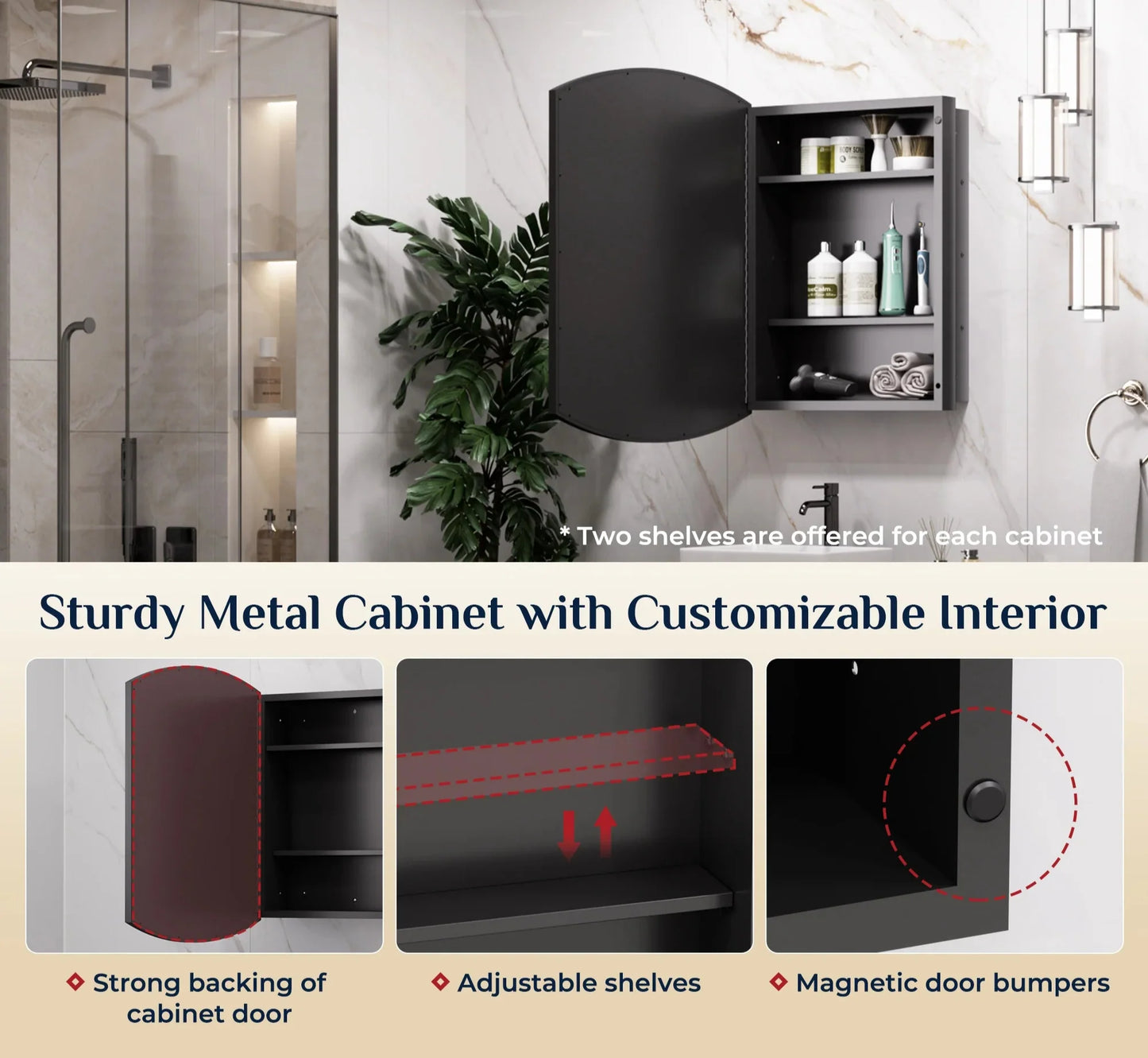 24x36 Inch Arched Black Medicine Cabinet – Wall Mounted or Recessed Bathroom Mirror