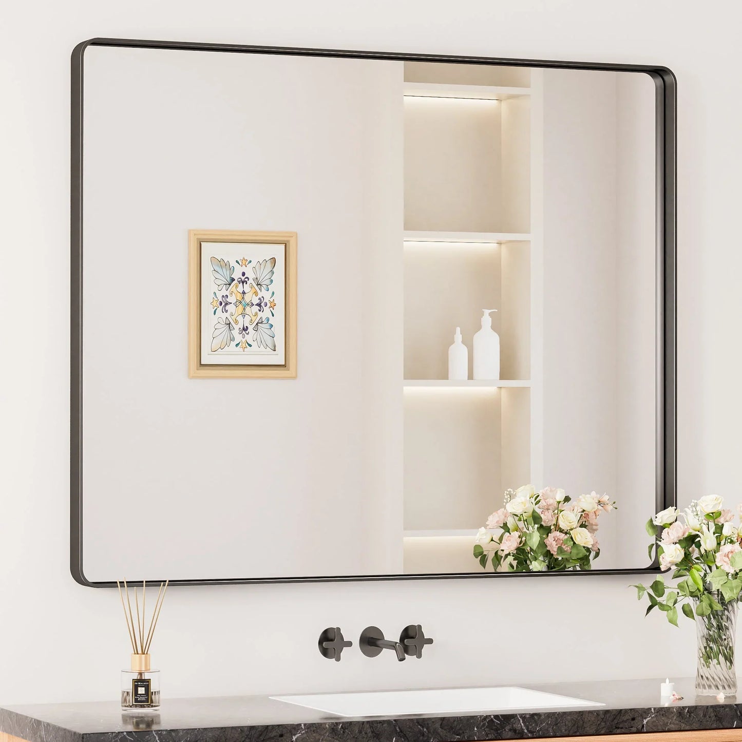 Black Hard Corner Thin Frame Metal Mirror – Modern Minimalist Wall-Mounted Bathroom - Bedroom - and Entryway Mirror